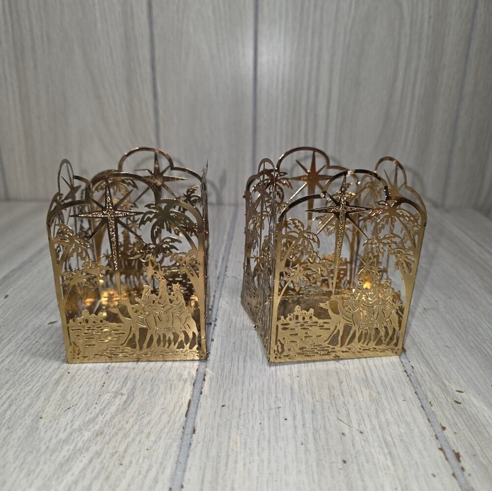 Vtg Brass Plated Nativity Candle Holder Set Of 2 MCM Holiday Religious Regency
